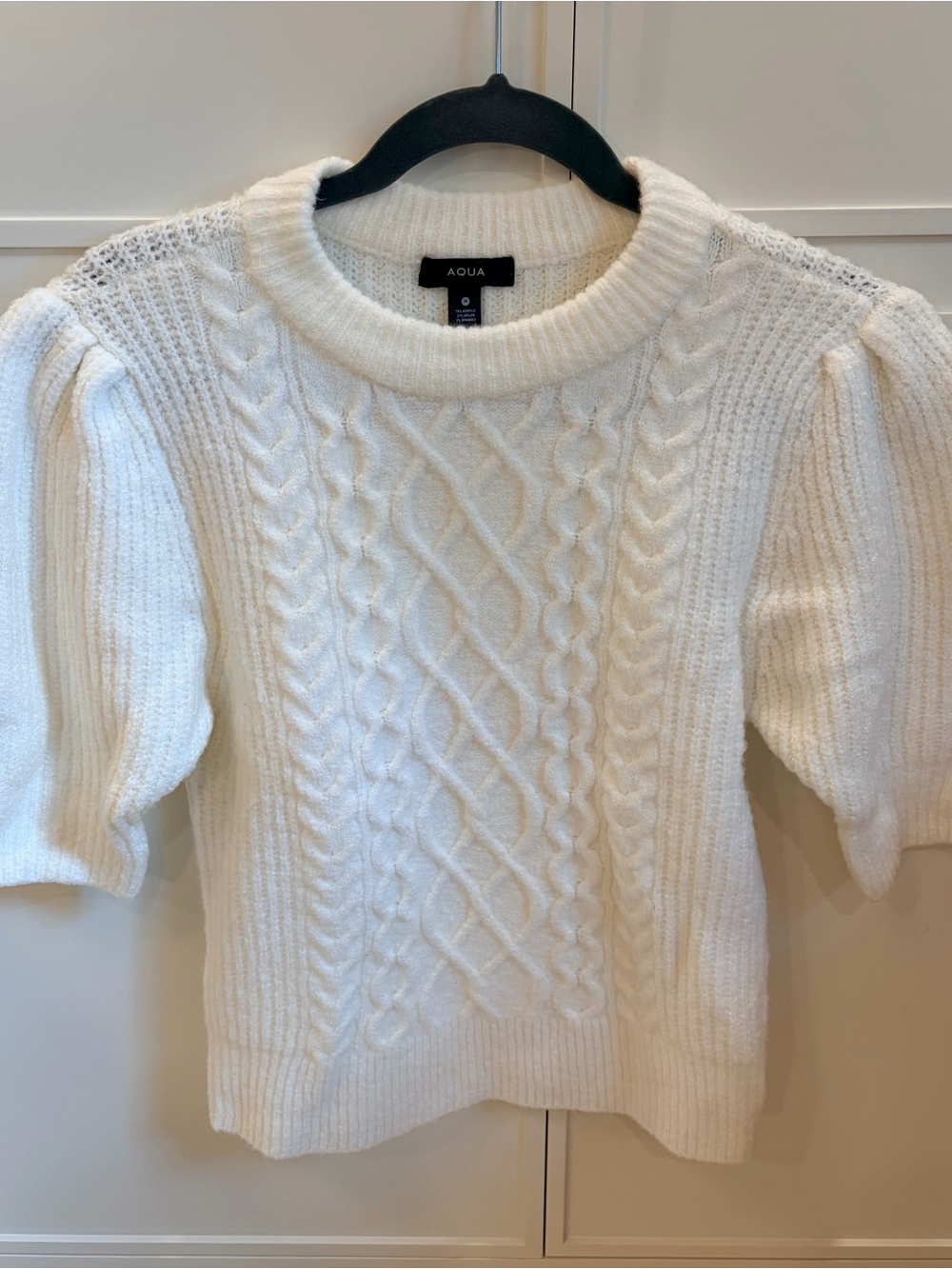 Aqua Cream Cable Knit Puff-Sleeve Sweater